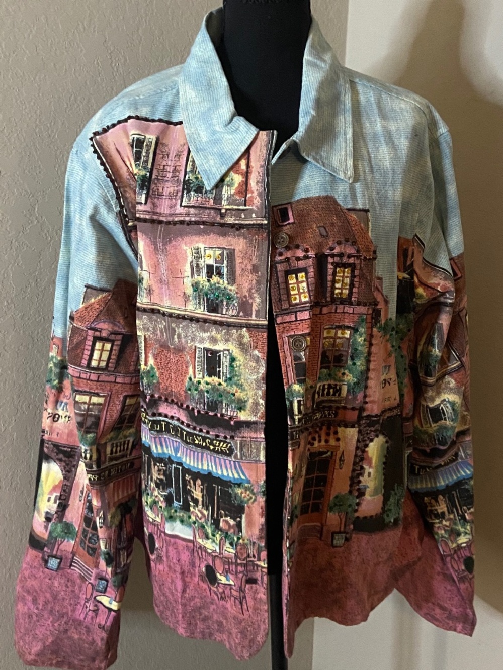 Gaudy Couture European Village Cafe Streetscape Cotton Canvas Jacket 1X